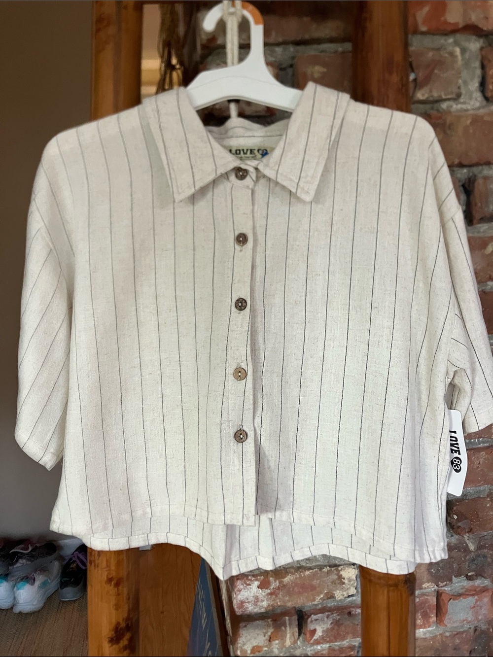 Love Large Cream Crop Top with Black Pinstripes